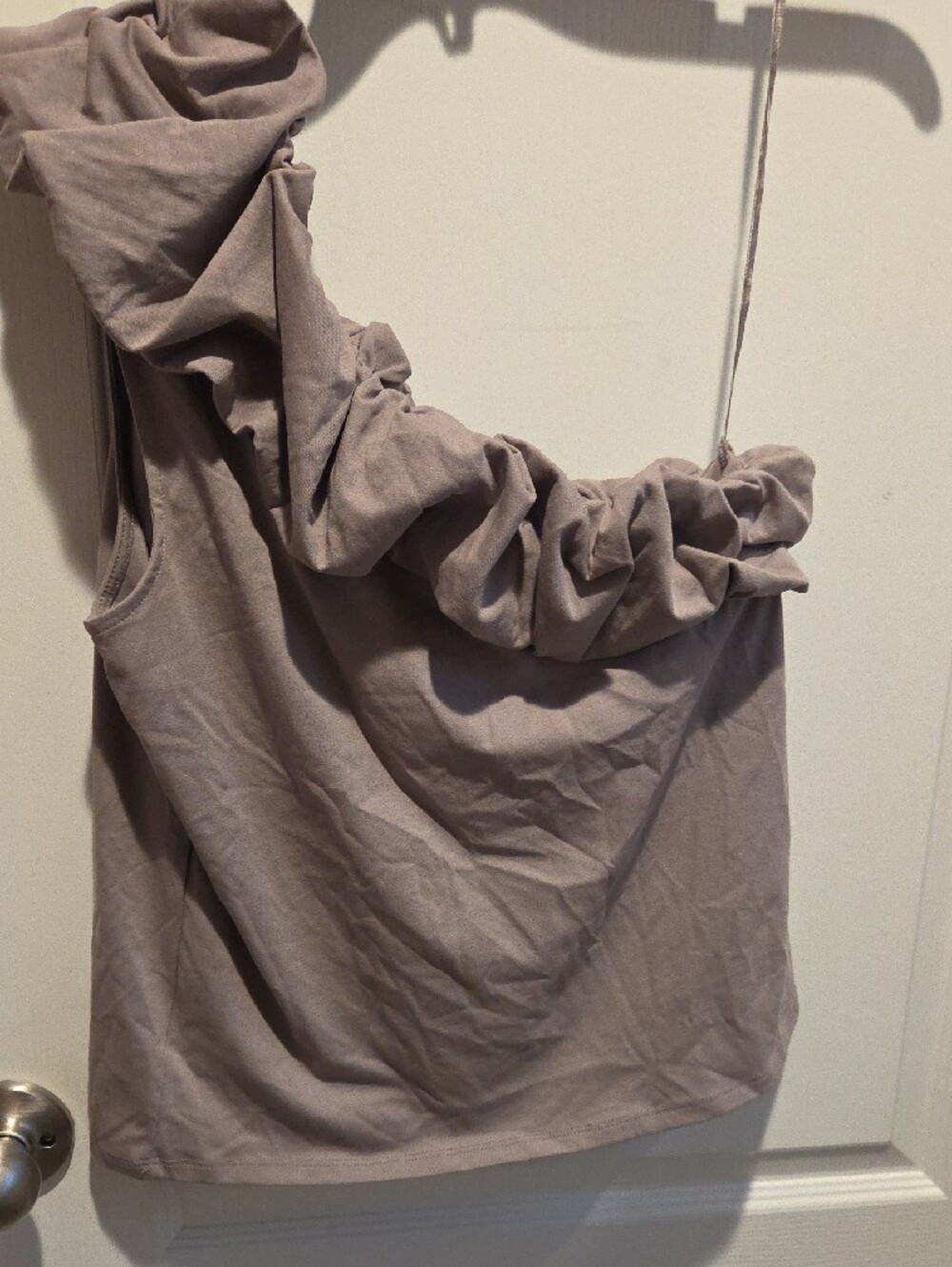 Express One-Shoulder Ruffle Top in Taupe - Picture 3 of 5